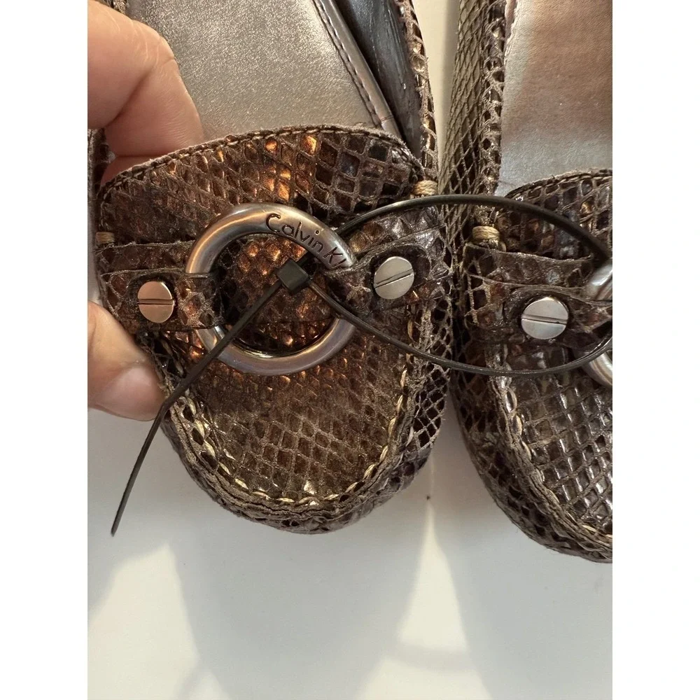 Calvin Klein Kelisa‎ Bronze Snakeskin Embossed Leather Loafers Flats E0266 7.5M